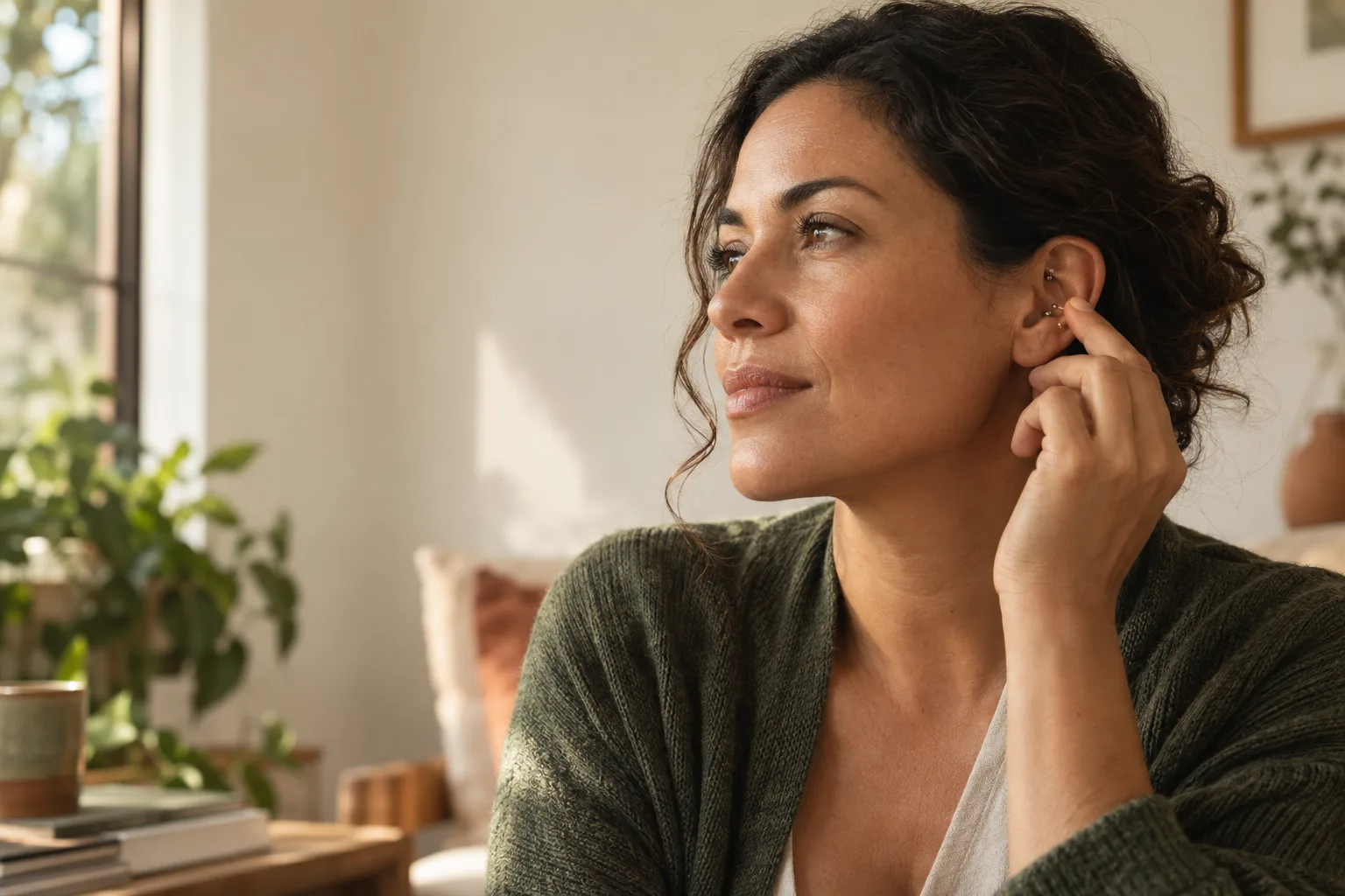 Mulher pressionando esferas magnéticas na orelha em uma imagem sobre acupressão auricular e ansiedade