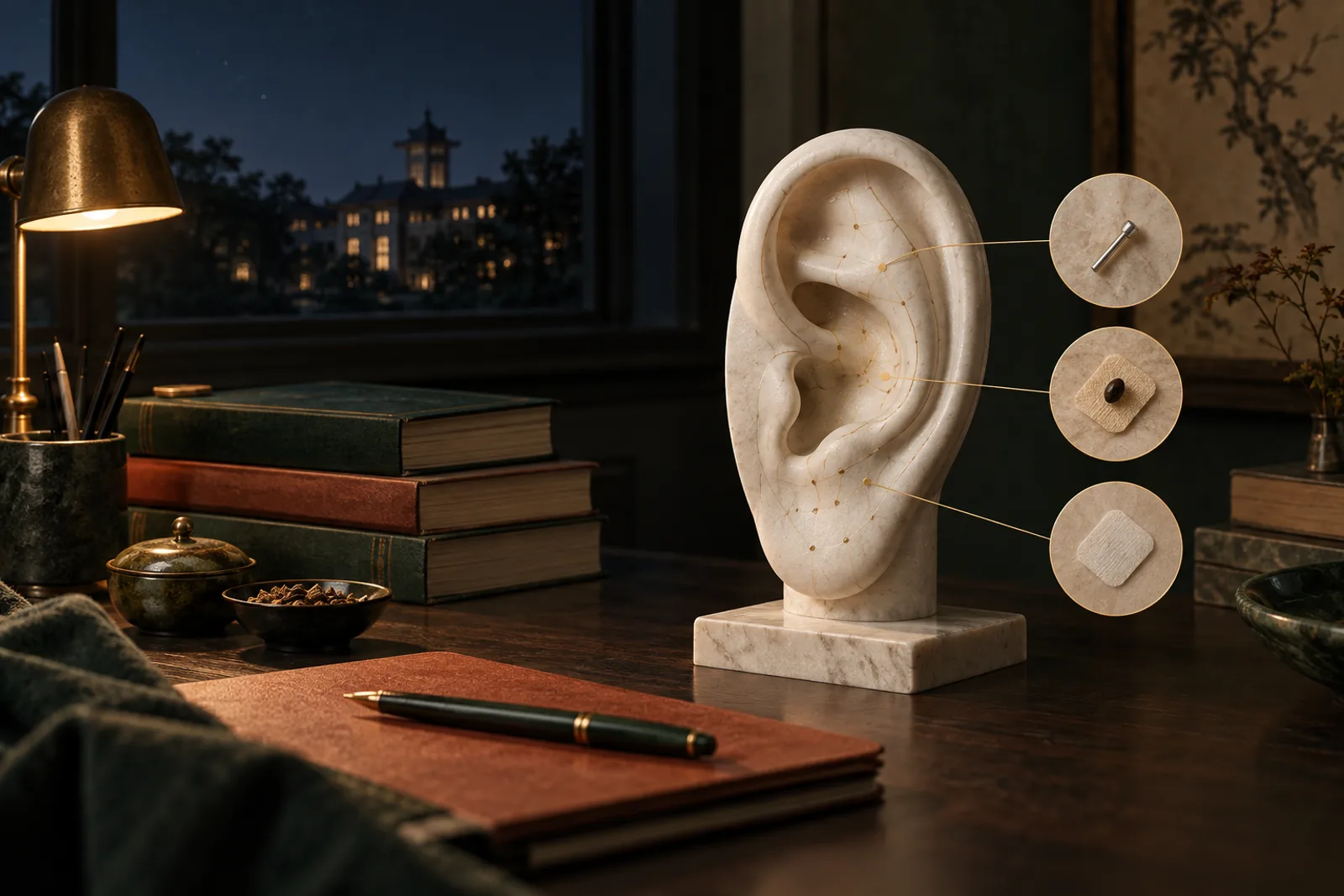 Modelo auricular ao lado de uma mesa de estudos noturna e três formas de intervenção comparadas em ensaio clínico