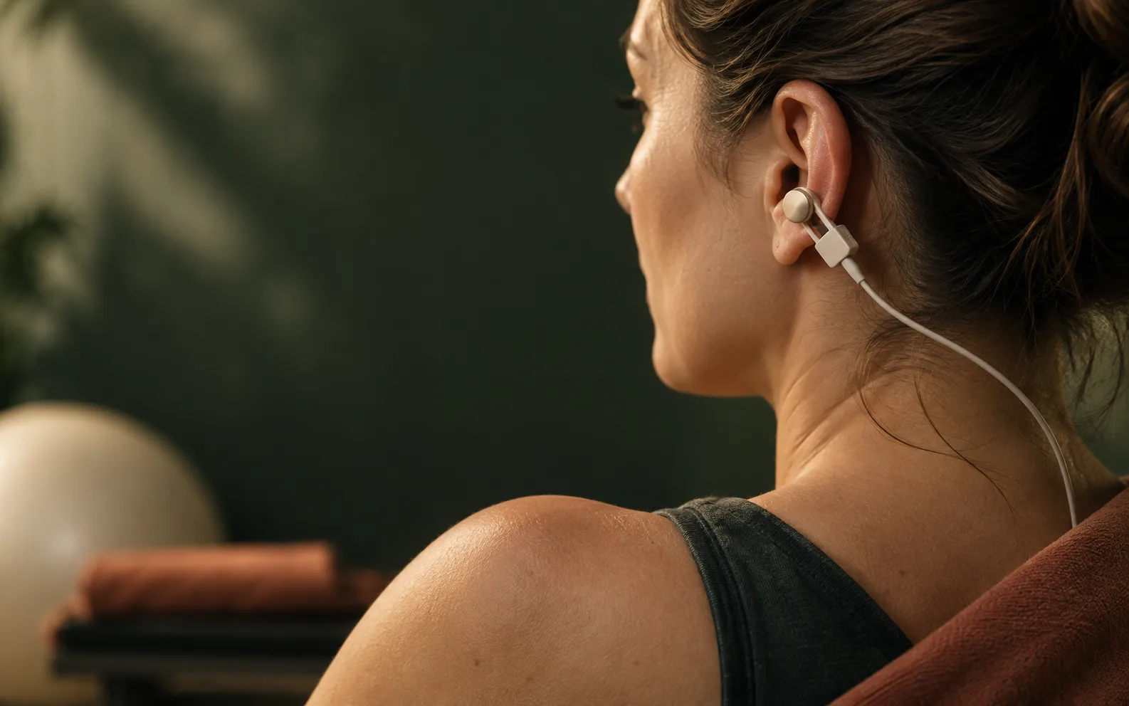 Pessoa com eletrodo de neuromodulação auricular após cirurgia do ombro