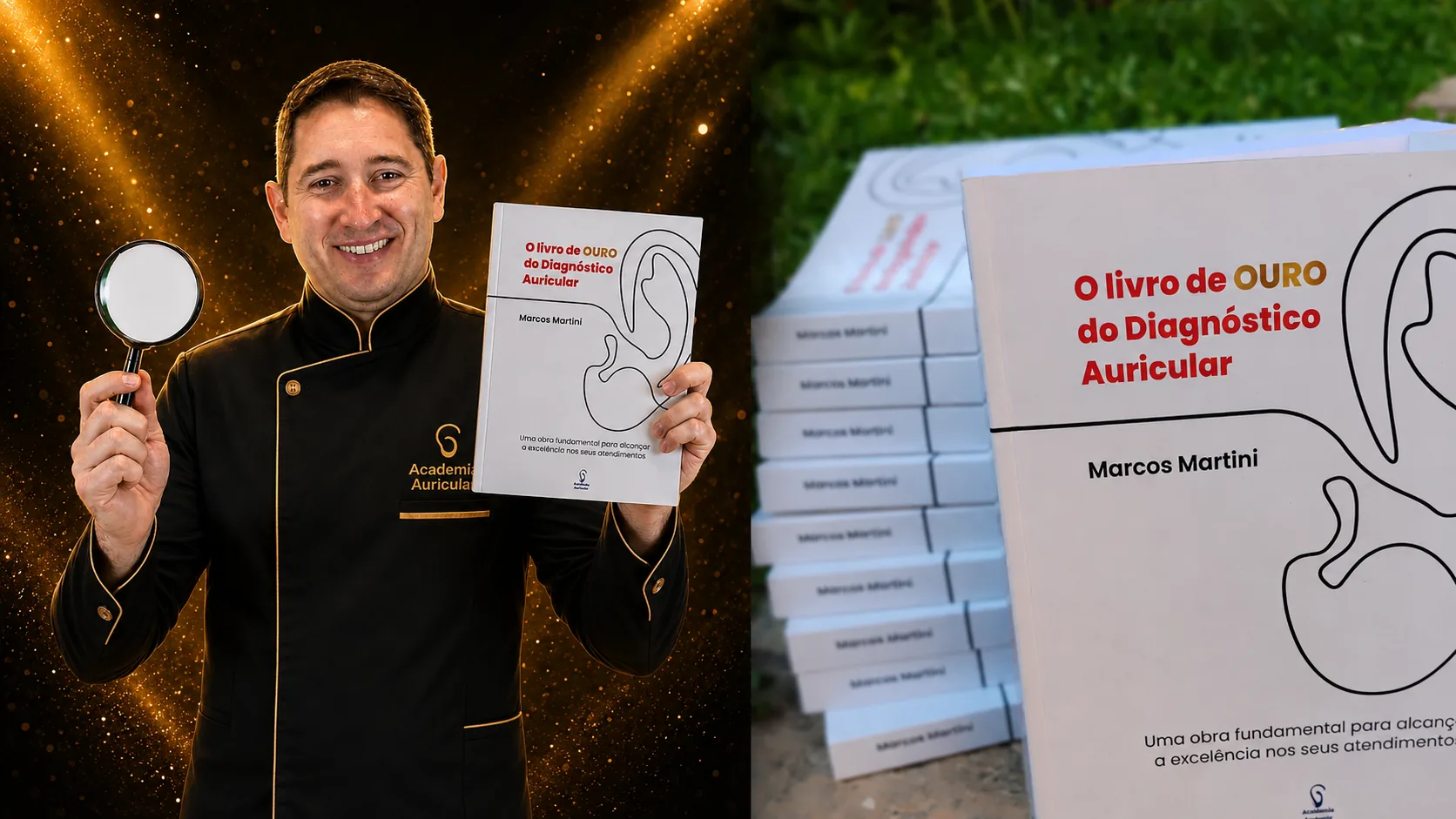 Marcos Martini com lupa e Livro de Ouro do Diagnóstico Auricular ao lado dos exemplares da obra