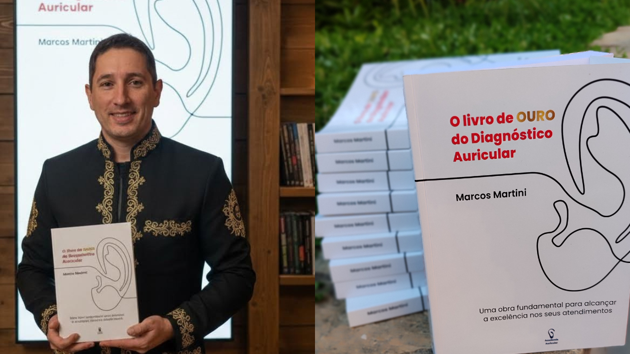 Marcos Martini ao lado do Livro de Ouro do Diagnóstico Auricular