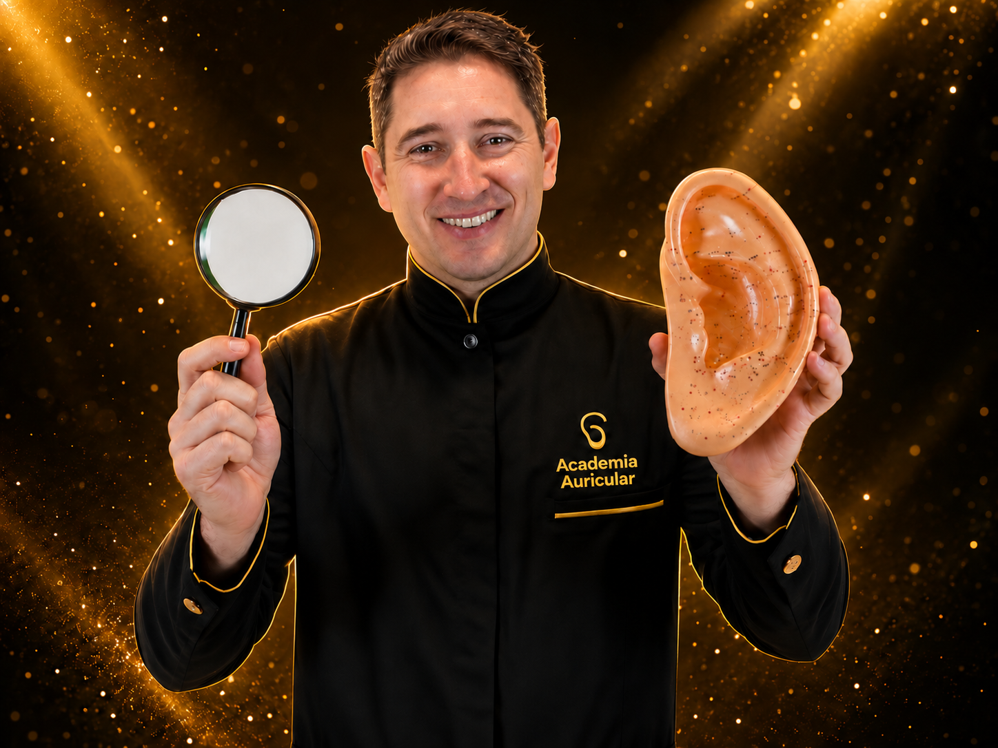 Marcos Martini com o jaleco da Academia Auricular, uma lupa e um modelo de orelha