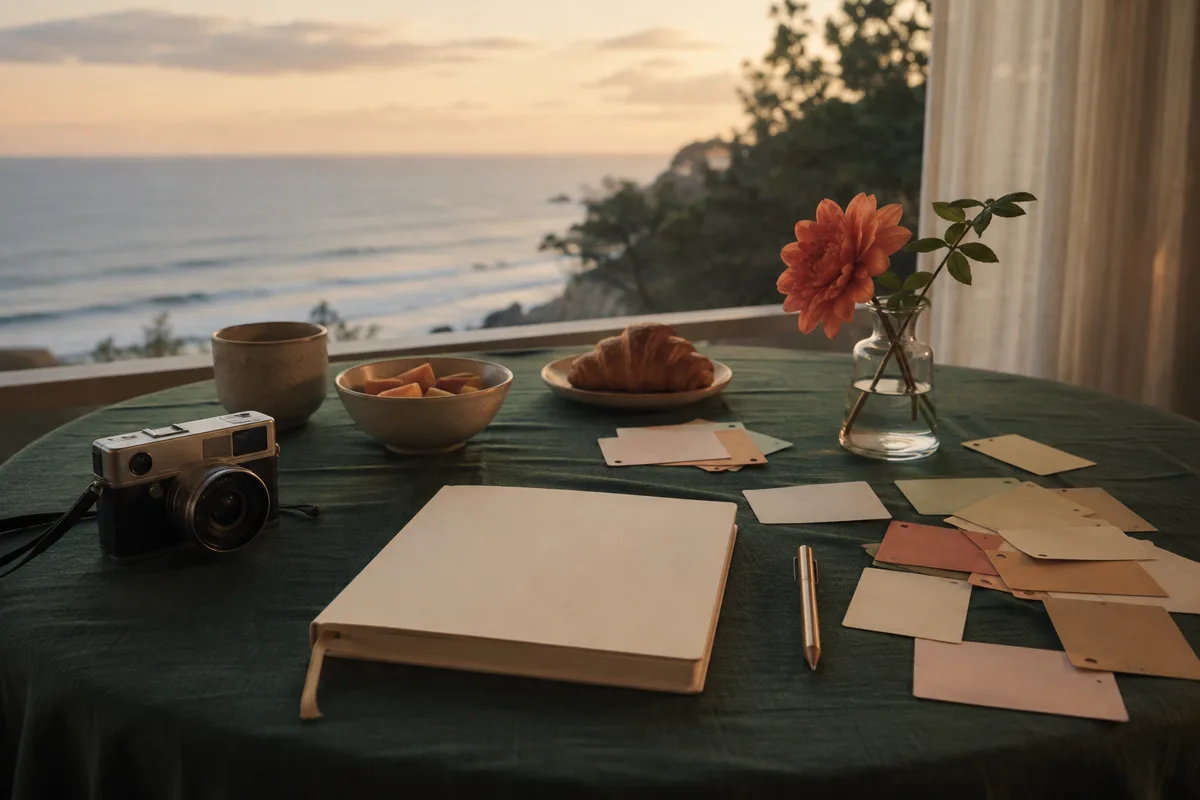 Caderno em branco, câmera e cartões sobre mesa diante do oceano