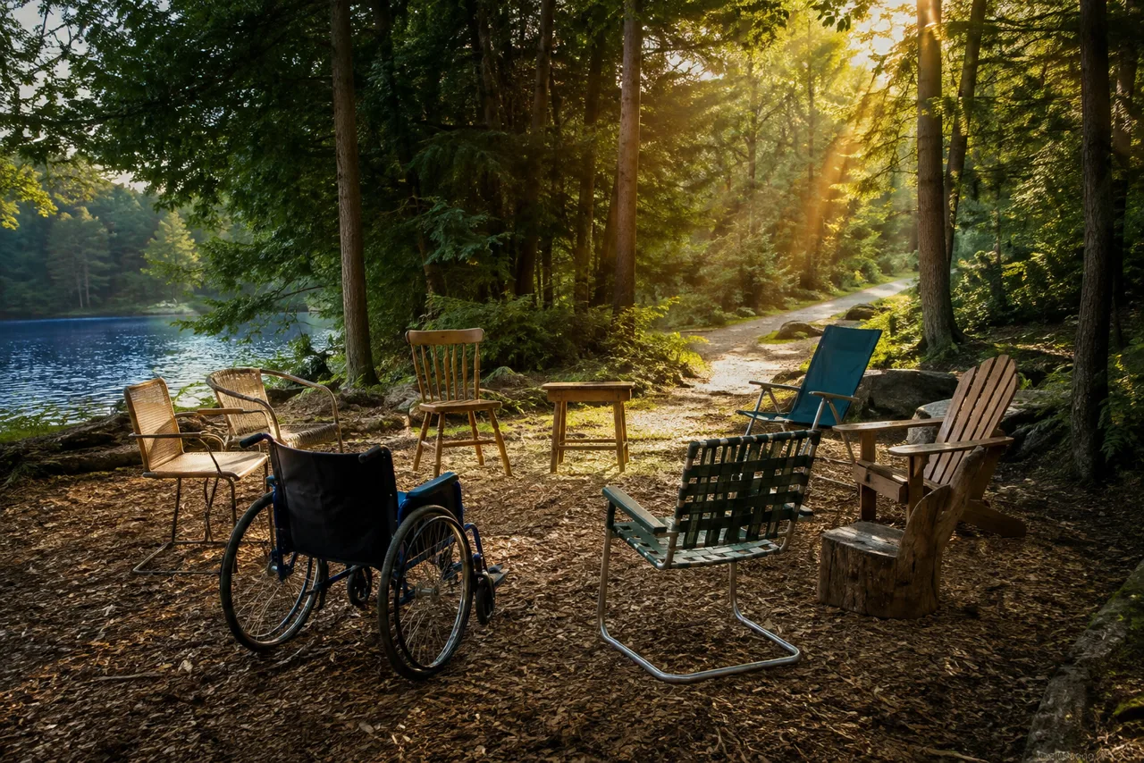 Cadeiras diferentes, incluindo uma cadeira de rodas, reunidas em círculo num acampamento
