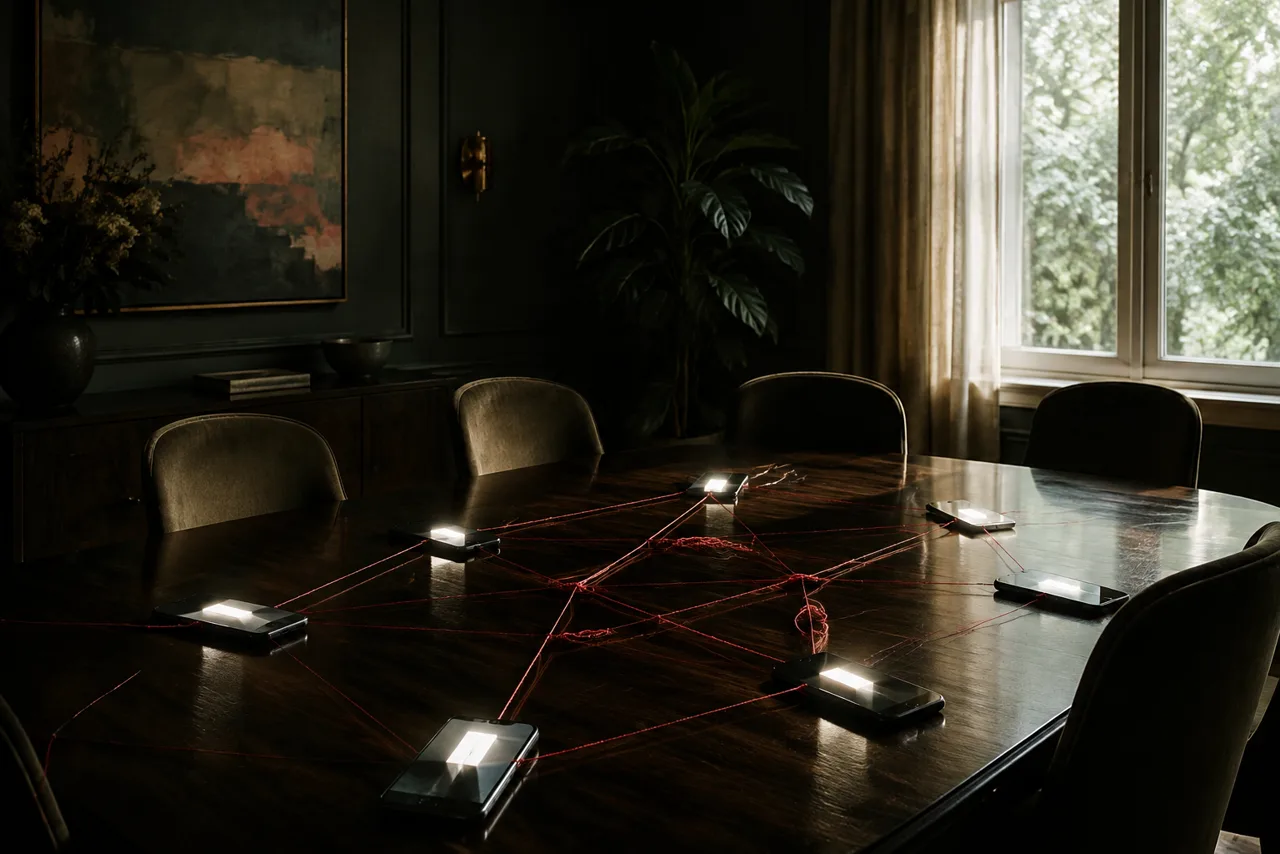 Telefones ligados por fios vermelhos sobre mesa escura com cadeiras vazias