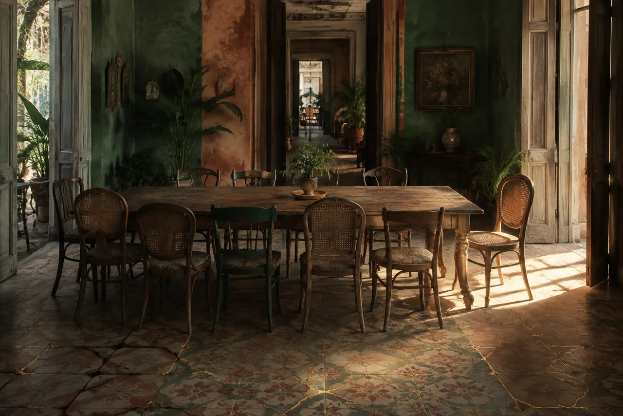 Casa antiga com muitas cadeiras diferentes e uma cadeira vazia iluminada
