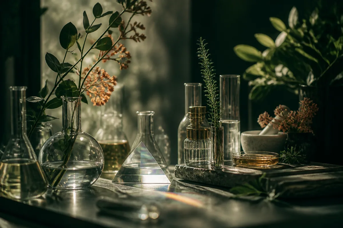 Laboratório botânico com vidrarias, prisma e reflexos de luz