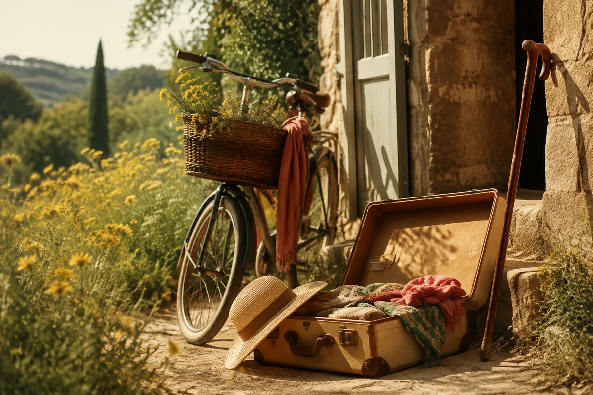 Mala aberta, bicicleta e bengala diante de casa na Provença