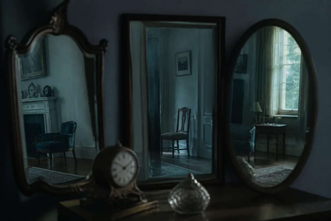 Sala doméstica refletida de formas diferentes em três espelhos