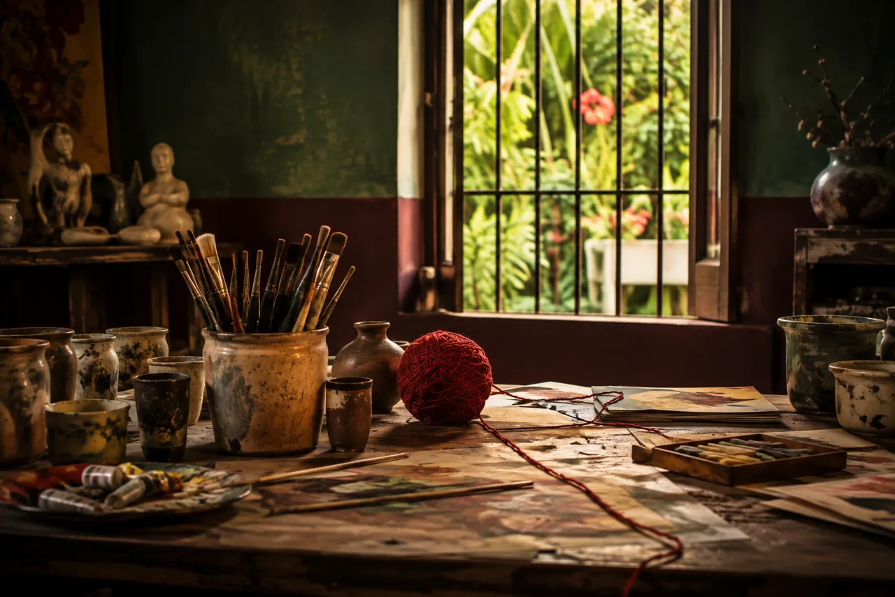 Ateliê com materiais de arte e uma janela aberta para o jardim