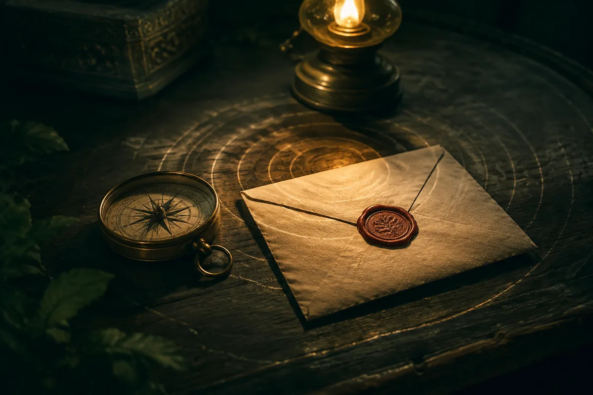 Envelope lacrado, bússola e círculos de luz sobre mesa escura