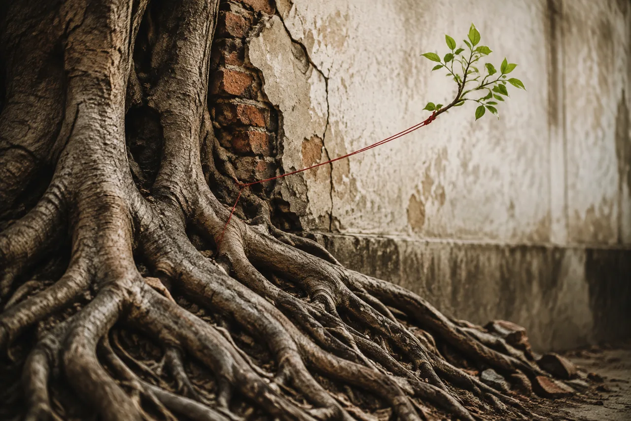 Raízes de árvore atravessando uma parede e sustentando um ramo novo
