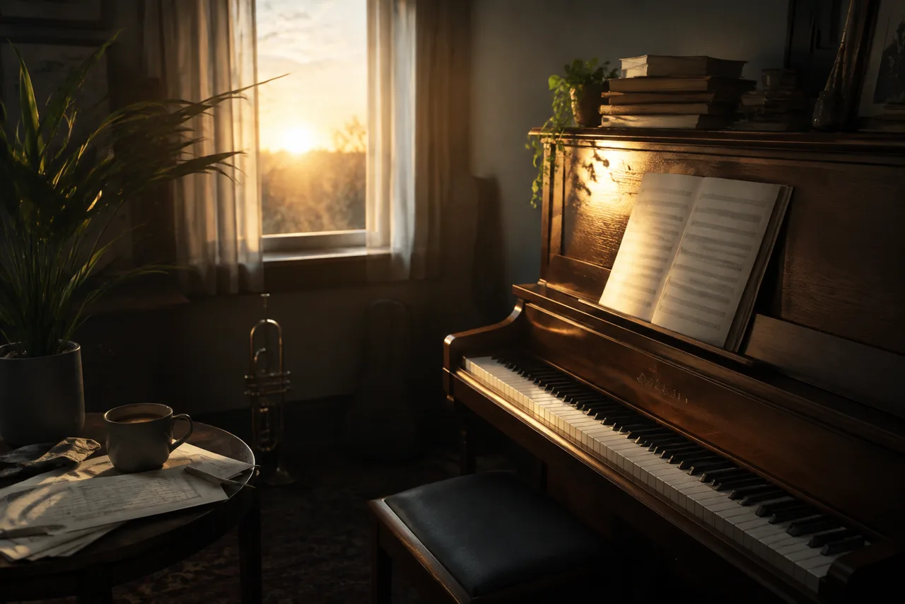 Sala de música vazia com piano, café e luz do amanhecer