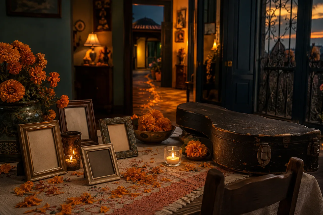 Mesa de memória com flores, porta-retratos vazios e estojo antigo de instrumento